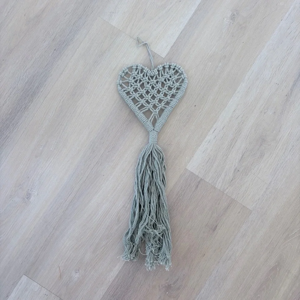 Sage Green Macrame Heart Wall Hanging Boho Tassel Fringe Home Decor Handmade
